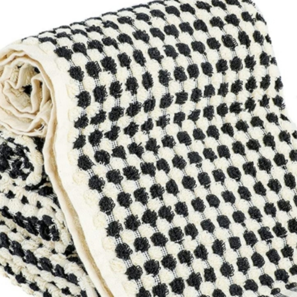 Turkish Cotton Spa Hair Peshtemal Hand Towel Black Ivory Pom Pom Houndstooth - Picture 6 of 8
